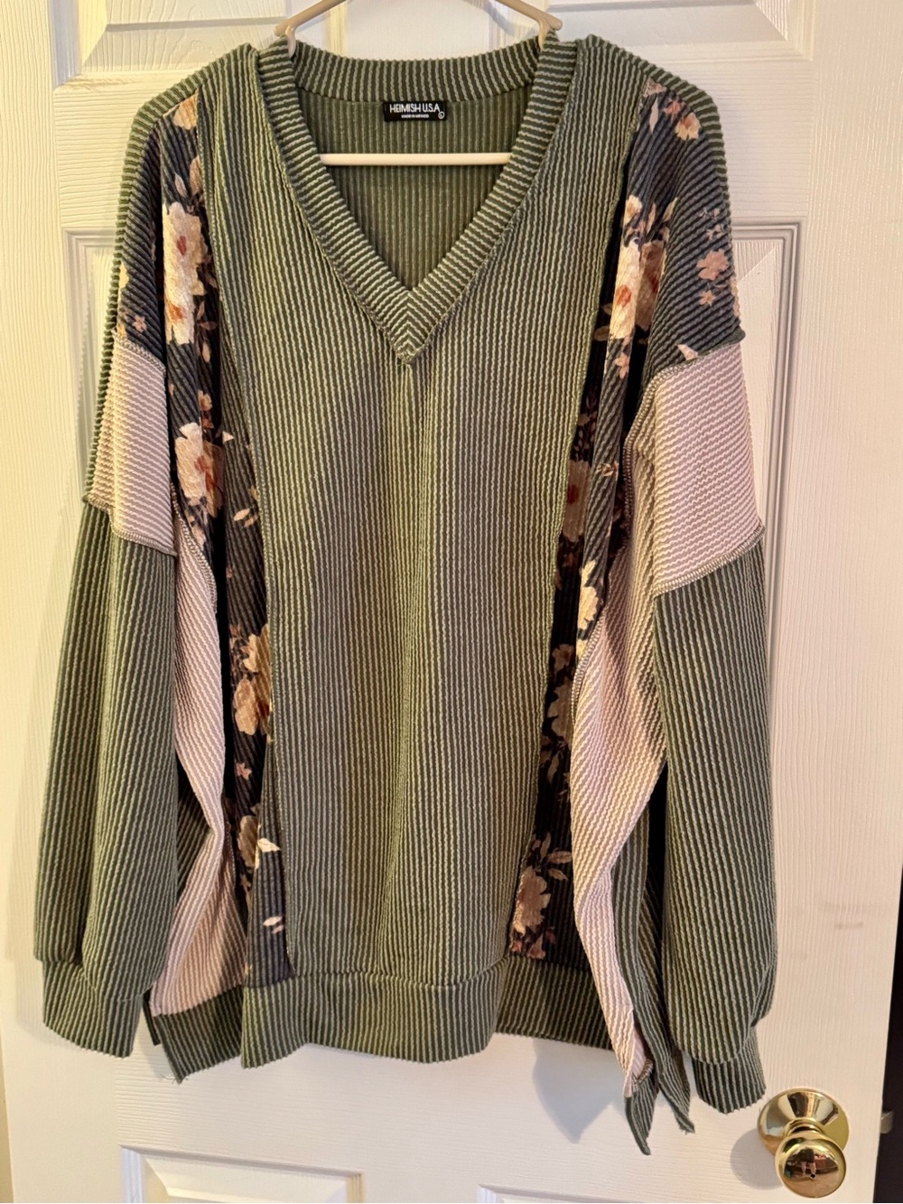 HEIMISH USA Olive Green Urban Ribbed Top with Floral Panels and Taupe Accents
